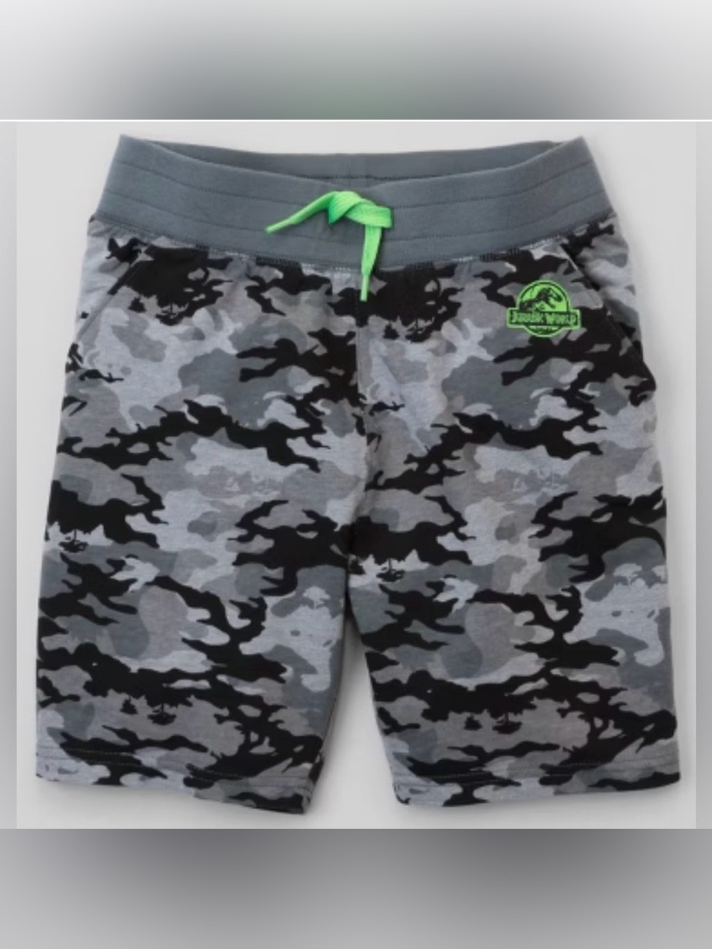 KIDS JURASSIC WORLD CHARCOAL GRAY COTTON CAMO PRINT LOUNGE SHORTS - SMALL